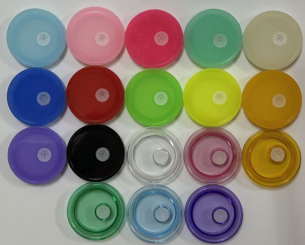 Wholesale Assorted Color 16oz Plastic Cup Covers Solid & Transparent Multicolor Plastic Replacement Cup Lids Compatible With 16oz Disposable Boba Tea Smoothie Cups With Central Straw Hole